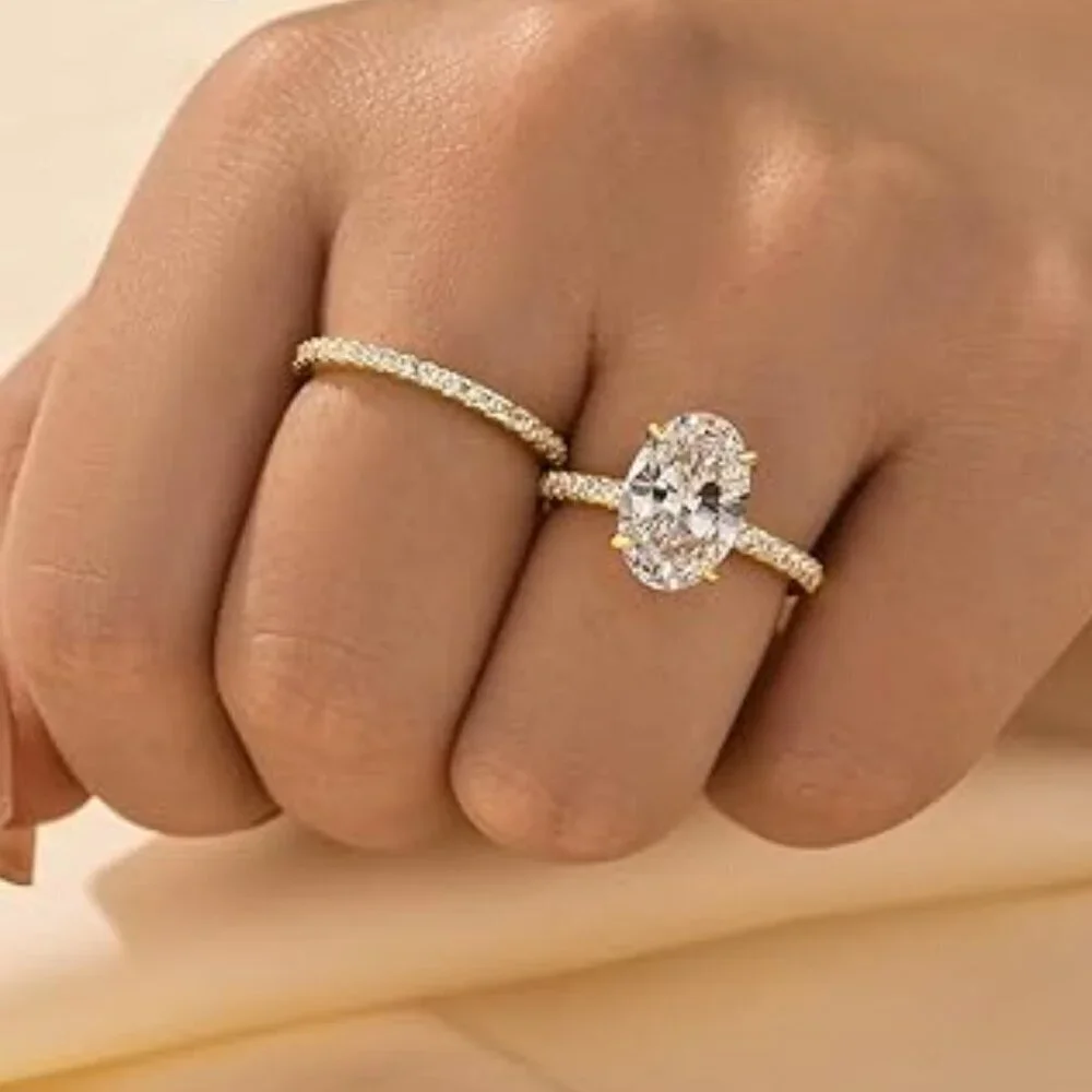 18K Yellow Gold 3.5ct Oval Diamond Ring Set 925 Sterling Silver Wedding Bridal